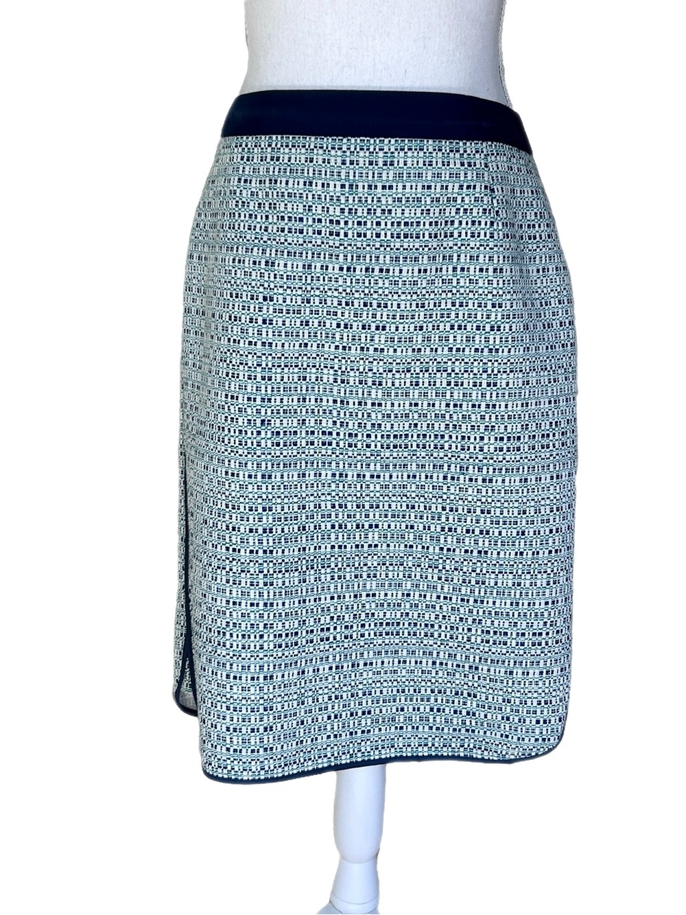 LK BENNETT Skirt Dolson Tweed Blue Green Grosgrain Ribbon Waist + Trim Preppy 8